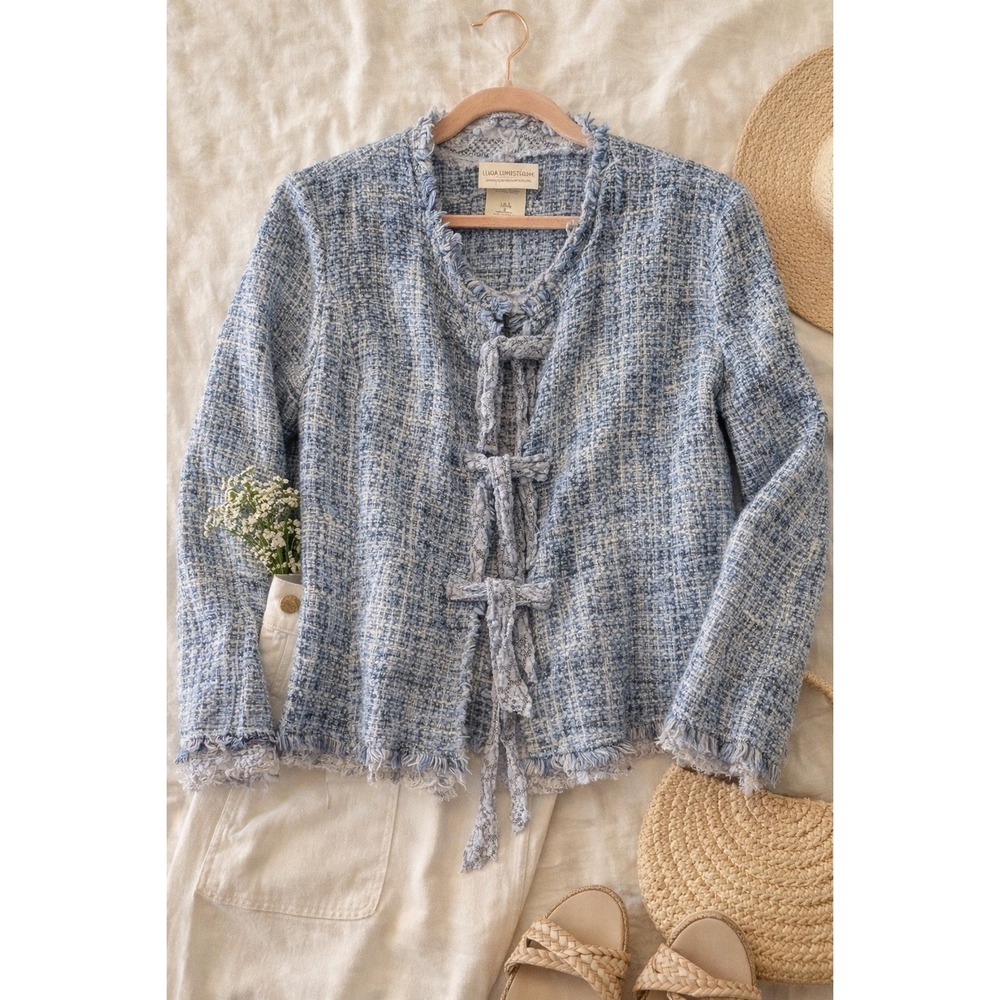 Linda Lundstrom Tweed Jacket Blue Lace Up Fringe Coastal Coquette M